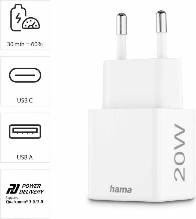 Produktbild Hama Schnellladegerät, 1*USB-C PD, 1*USB-A QC, Mini-Ladegerät, 20W, Weiss (20 W, 2 Ports)