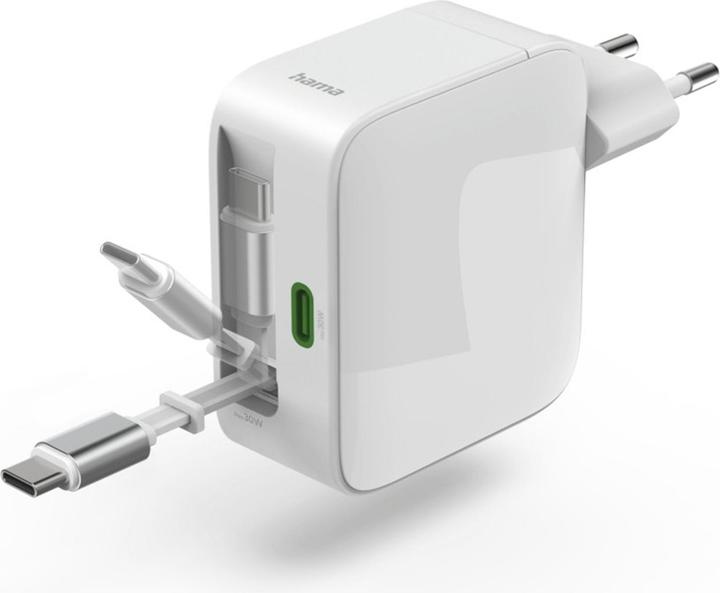Produktbild Hama Schnellladegerät, GaN, 2x USB-C, ausziehbares Ladekabel, PD, 65 W, Weiss (65 W, 2 Ports)