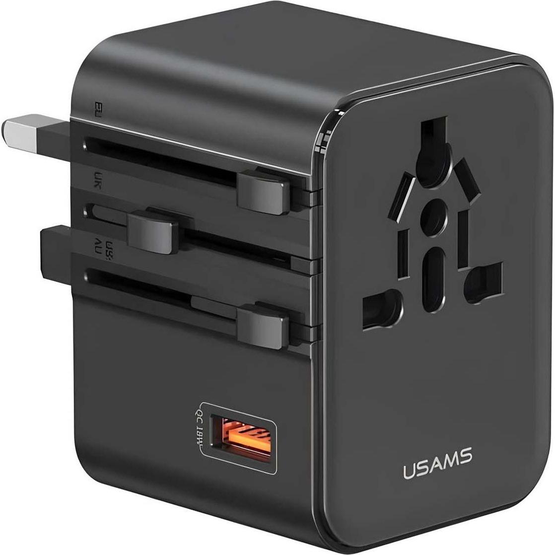 Usams Travel Charger Adapter CC309 2xUSB-C 25W 4in1 US/AU/EU/UK black (25 W), Caricatore USB, Nero