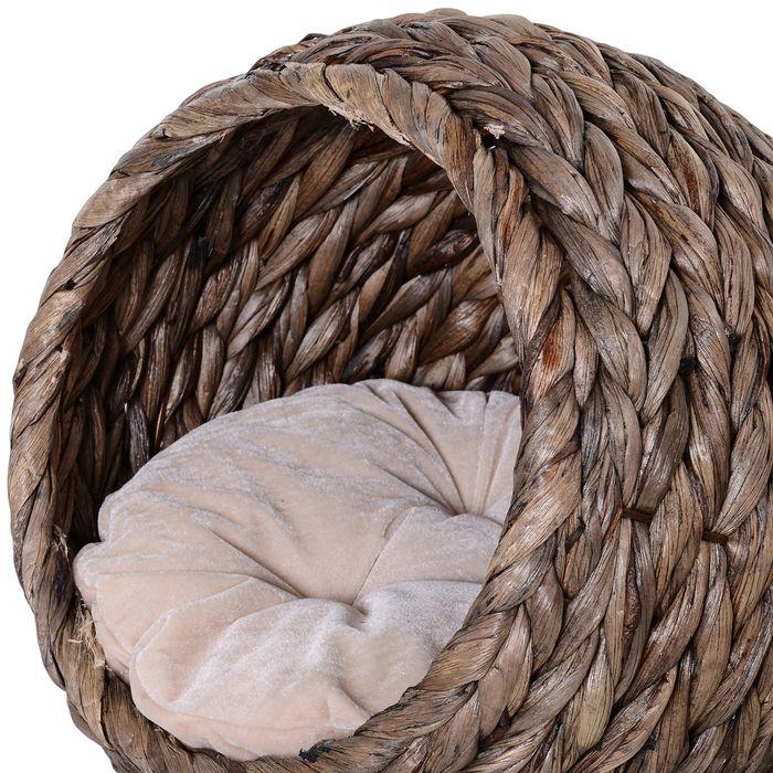 Produktbild Swisshandel24 Rattan Katzenkorb Katzenhöhle Katzenhütte Katzenbett mit Kissen Haustierbett Wasserhyazinthe Dunkelb (Katze)
