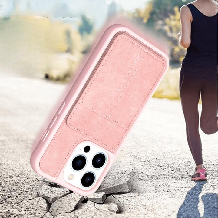 Actual product image Cover-Discount iPhone 15 Pro - Kickstand Case with card slots pink (Apple iPhone 15 Pro)