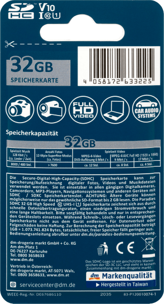 Immagine prodotto Paradies Scheda di memoria SDHC 32GB (32 GB, SDHC, U1, UHS-I)