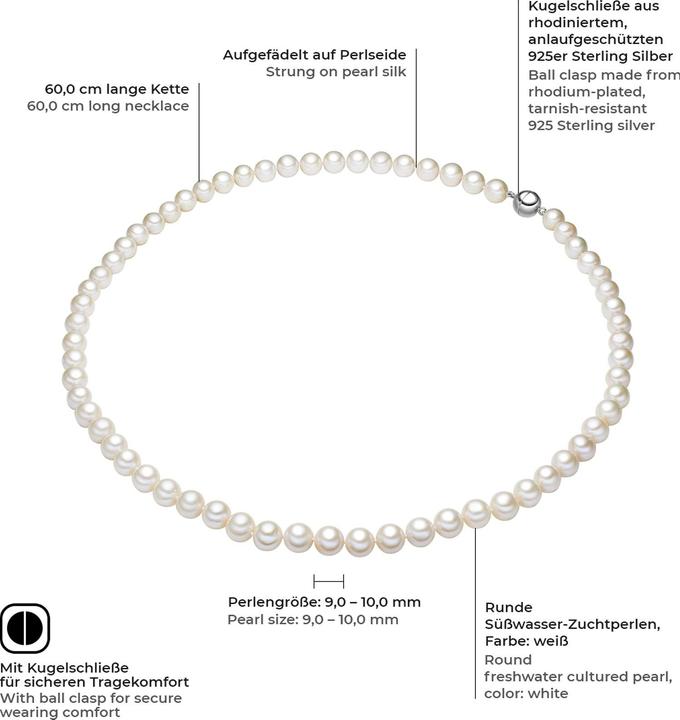 Image du produit Valero Pearls Femme argent sterling perle d'eau douce de culture argent 60,0 cm - 3138 (Argent Sterling, 60 cm)