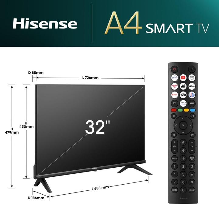 Immagine prodotto Hisense TV TV 32A4N 32" MODO JUEGO DEPORTES IA DOLBY DTS TDT (32", LED, Pronto per l'HD)