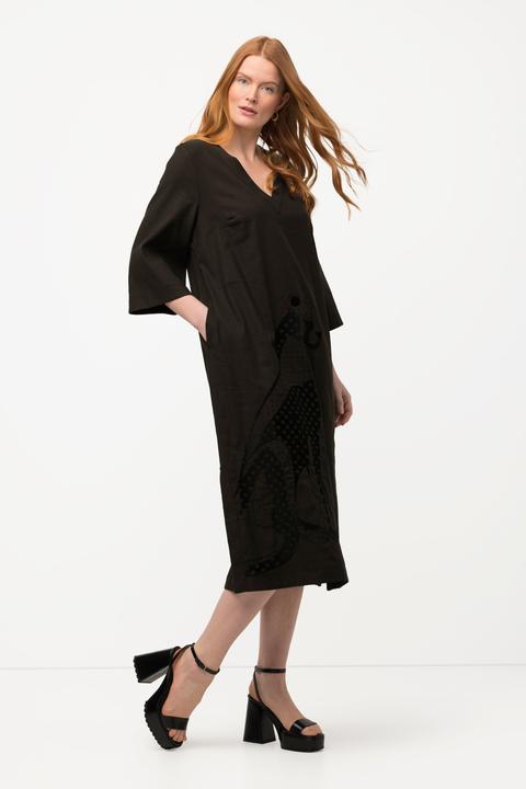 Produktbild Ulla Popken Midikleid, Leinenmix, Stickerei, V-Ausschnitt, 3/4-Arm (42, 44)