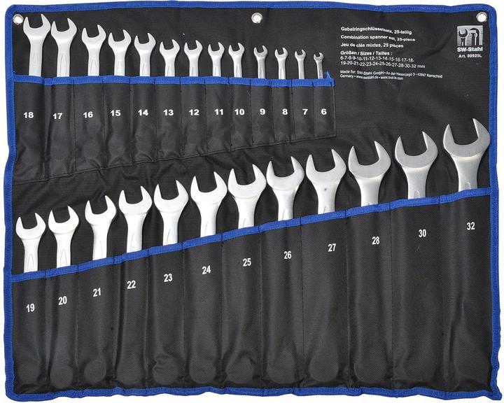 Produktbild SW-Stahl 00925L Gabelringschlüsselsatz 6-32 mm, 25-teilig I Ringschraubenschlüssel I Doppel-Schraube (10 mm, 11 mm, 12 mm, 13 mm, 14 mm, 15 mm, 16 mm, 17 mm, 18 mm, 19 mm, 20 mm, 21 mm, 22 mm, 23 mm, 24 mm, 25 mm, 26 mm, 27 mm, 28 mm, 30 mm, 32 mm, 6 mm, 7 mm, 8 mm, 9 mm)