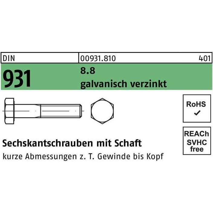 Schrauben, Sechskantschraube DIN 931 m.Schaft M 12 x 65 8.8 galvanisch verzinkt (50 Schrauben pro Stück)