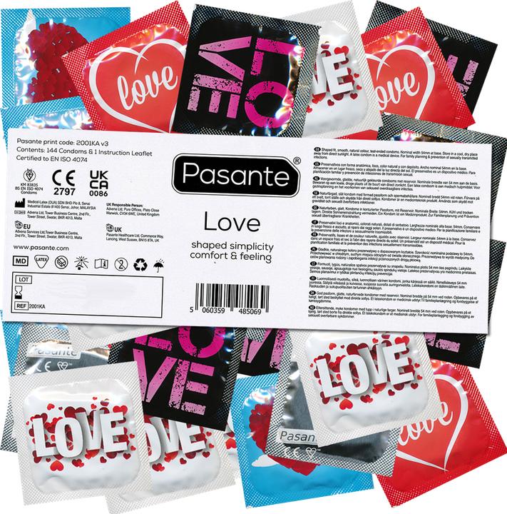 Pasante Love" (emballage de réserve) 144 préservatifs à motif avec forme libertine Comfort (144 pcs)