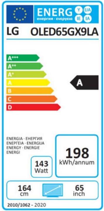 Energy Label LG TV OLED 65GX9 (65", OLED, 4K, 2020)