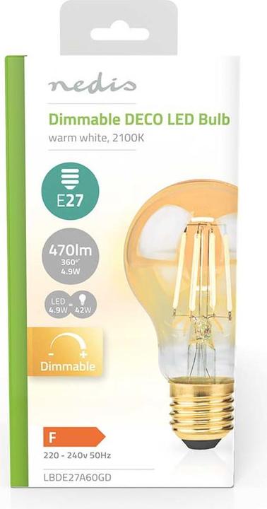 Produktbild Nedis LBDE27A60GD LED-Filament-Lampe E27 A60 4.9 W 470 lm 2100 K Extra warmweiss Anzahl der Lampen in (E27, 470 lm, 1 x)