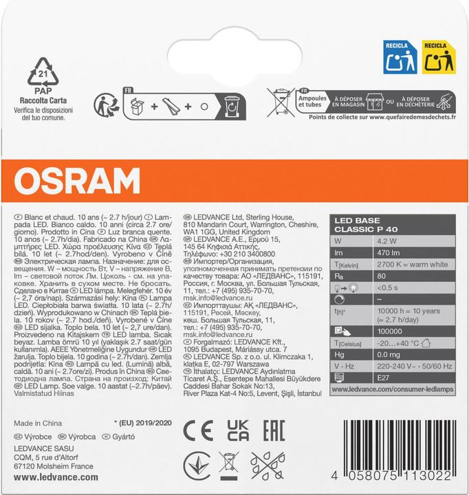 Produktbild Osram Led Base Classic P (E27, 470 lm, 3x)