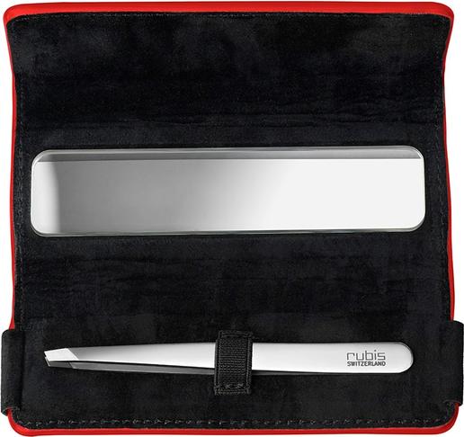 Actual product image Rubis Tweezers Shiny with case, oblique, silver
