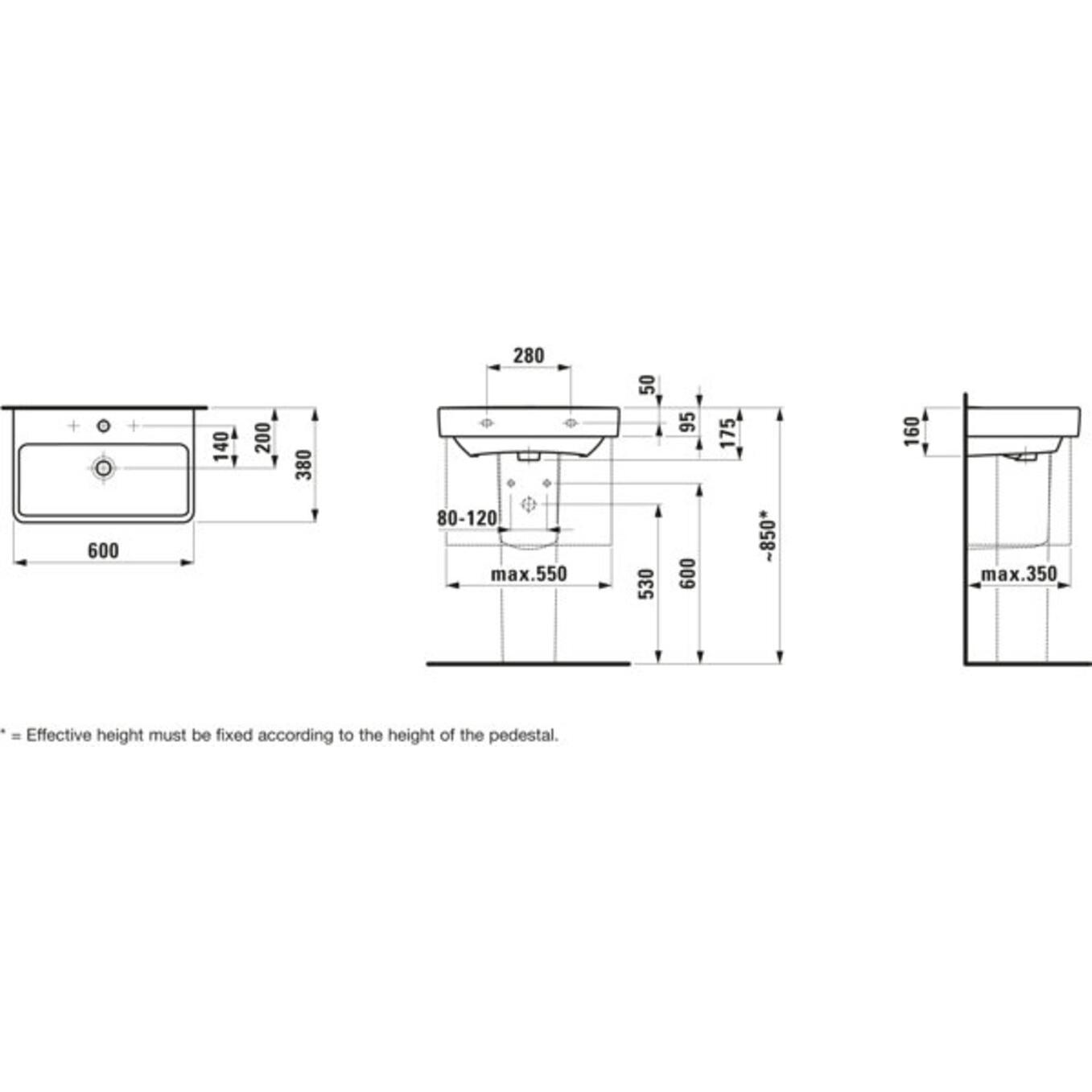 Thumbnail - Laufen, Waschbecken, Waschtisch PRO S 60x38cm Komp. o ÜL 1 HL-Ausf. weiss (380 mm, 600 mm)