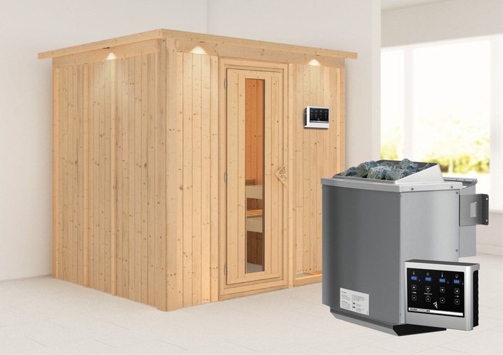 Actual product image Karibu Sauna Sodin front entry, wreath (4.5 KW Bio external control)
