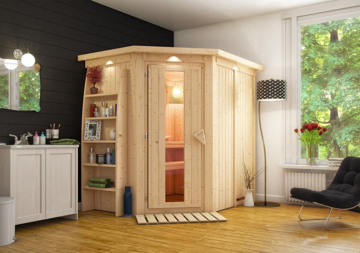 Actual product image Karibu Sauna Caspin corner entry, cornice (Plug & Play 3.6 KW internal control)