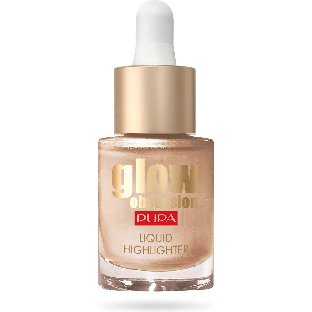 Pupa Milano, Highlighter + Bronzer, Glow Obsession Liquid Highlighter Metallic Effect Moon Light (002 Moon Light, Highli...