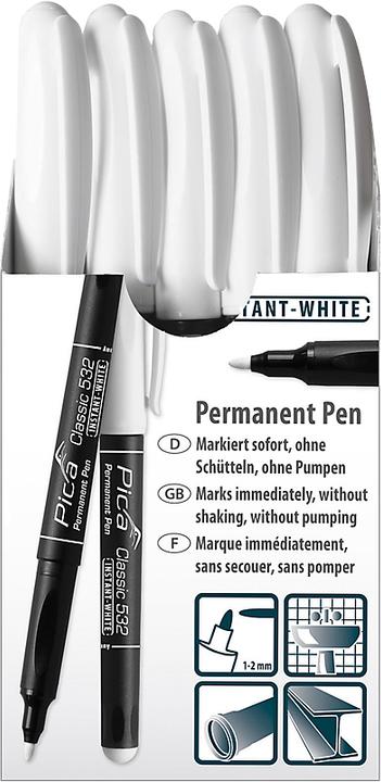 Produktbild Pica Permanent Marker Classic 532, weiss, Rundspitze 1-2 mm, wasserfest, geruchsarm, 10 Stück (Weiss, 2 mm, 10 x)