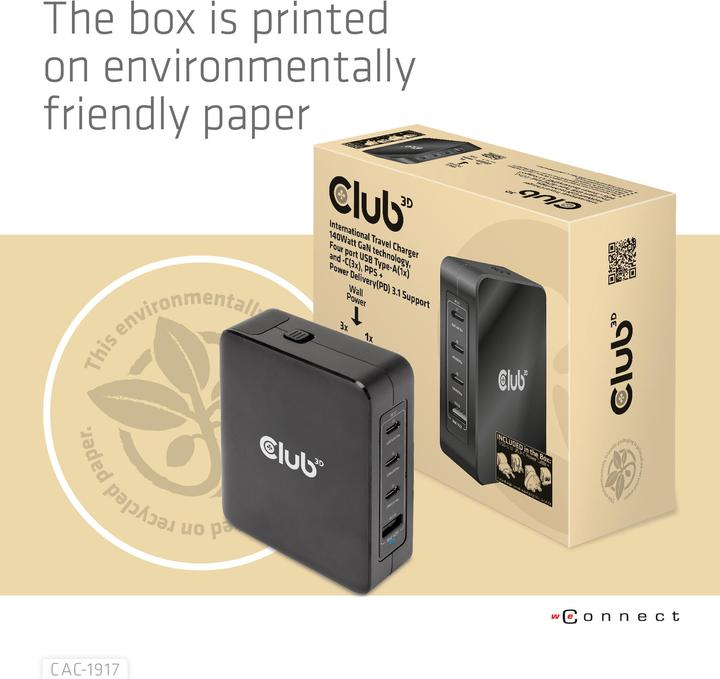 Produktbild Club 3D Club3D Reiseladegerät 3xUSB Typ C, 1xUSB Typ A, PD 140W retail (140 W, 4 Ports)