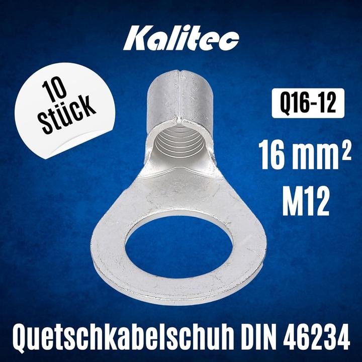 Produktbild Kalitec 10 Stück Q16-12 Quetschkabelschuh 16mm² M12 I Unisoliert I Dornpressung I Für mehr-, fein- u