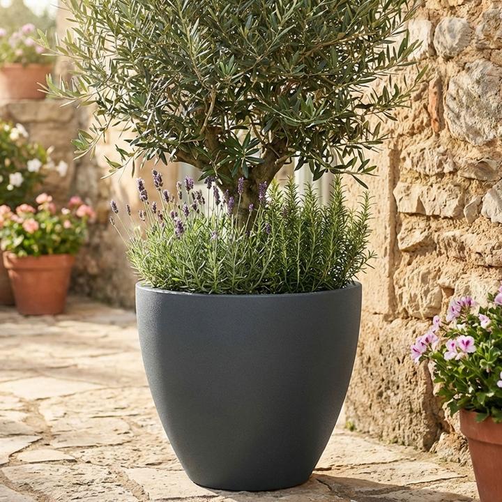 Produktbild Ethick Blumentopf Rund 38cm, Graphit – Grosses Pflanzgefäss für Aussen und Innen – Moderne Optik (38 x 32 cm)