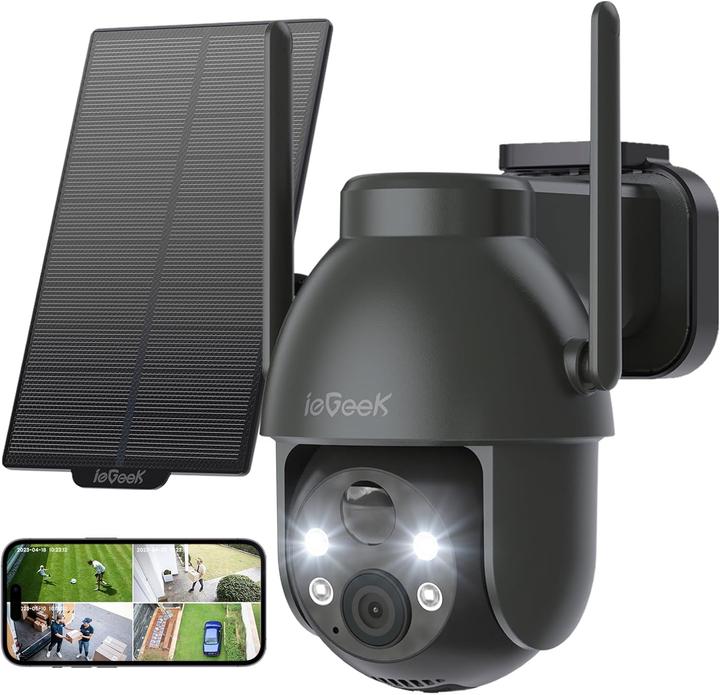 Produktbild IeGeek 2K 360° PTZ Überwachungskamera mit Solarbetrieb, Bewegungsmelder, Farb-Nachtsicht, 2-Wege-Audio