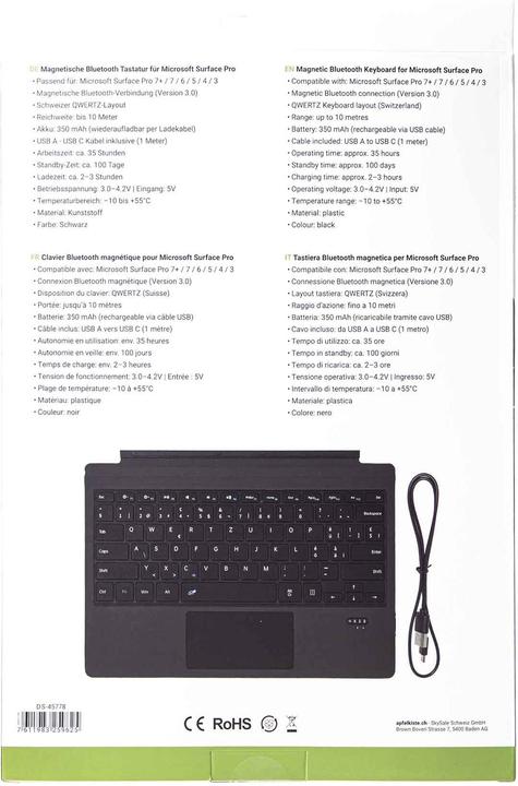 Produktbild Apfelkiste Magnetische Bluetooth Tastatur für Microsoft Surface Pro 7 / 6 / 5 / 4 / 3 - Schwarz (Eng. Int., Kabellos)