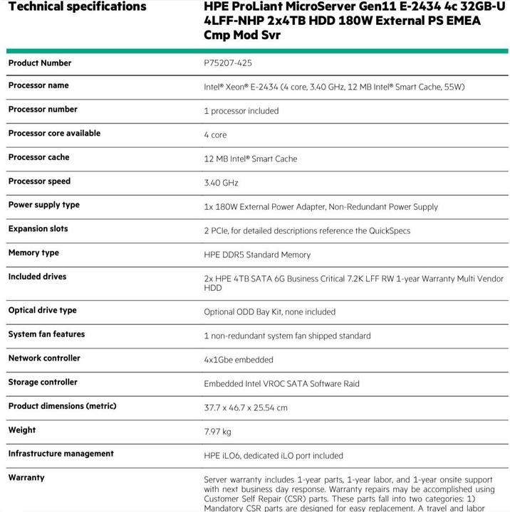 Nutritional values and ingredients HPE ProLiant MicroServer Gen11 (Intel Xeon E-2434, 32 GB, Micro Server)