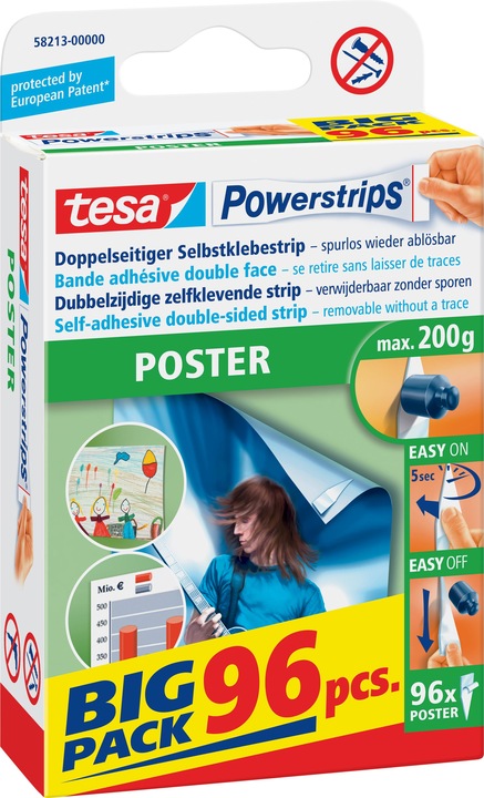 tesa Powerstrips POSTER, Big Pack, 200g holding power, 96x double-sided adhesive strips (0.20 kg)