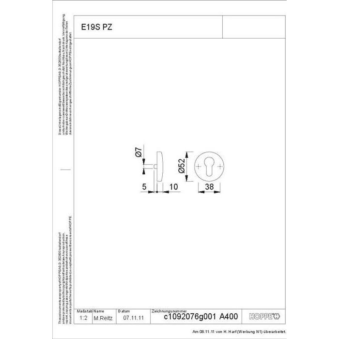 Thumbnail - Hoppe, Türgriff + Fenstergriff, Schlüsselrosette E19S Edelstahl F69 Schildstärke 10 mm PZ rund (Türgarnitur)