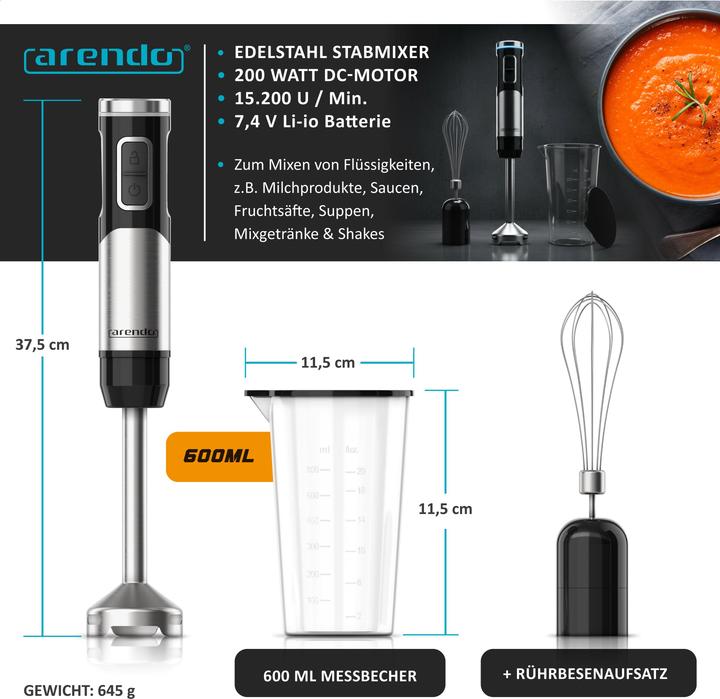 Produktbild Arendo Stabmixer Edelstahl, stufenlose Regelung, Akku, 200 W, mit Schneebesen, Messbecher, 4-Klingen-Messer