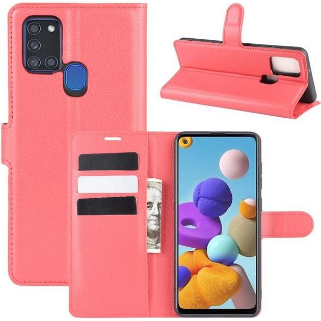 MU Classic Litchi Leder Bookcover Series (Samsung Galaxy A21s), Smartphone Hülle, Rot