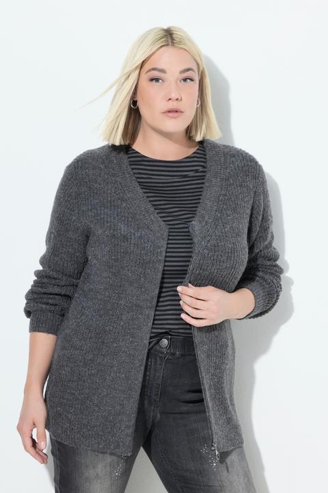 Image du produit Ulla Popken Cardigan en maille côtelée, col en V et manches longues, laine mélangée (46, 48)