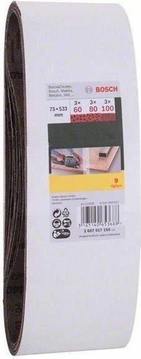 Produktbild Bosch Zubehör Schleifband-Set für Bandschleifer, 9-teilig, 75 x 533 mm, Körnung 60, 80, 100 (60, 80, 100)