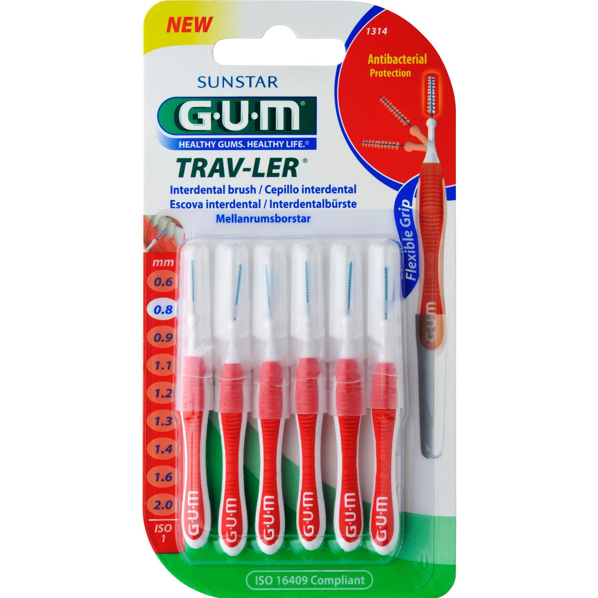 GUM, Interdentalbürste, SUNSTAR Trav-Ler ISO-Norm 1 0.8mm cylindric rot (6 x)