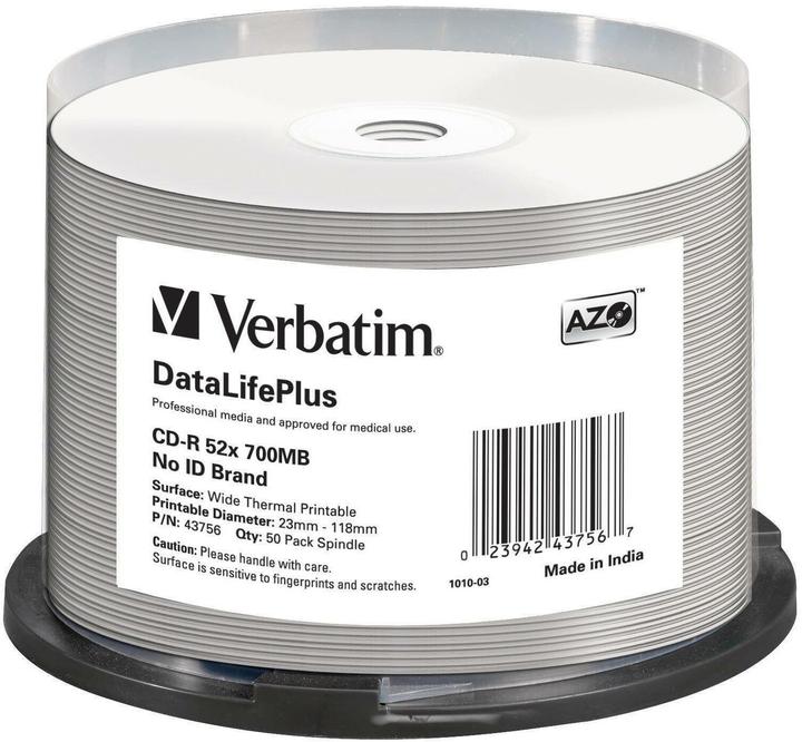 Verbatim CD-R, 700MB, 52x, 50 wide thermal printable (50x)