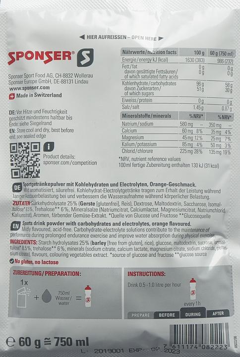 Valeurs nutritives et ingrédients Sponser Compétition (Orange, 1x)