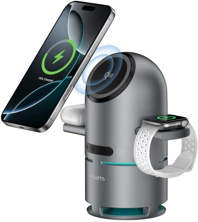4smarts Wireless Charger 3-in-1 ChargeBot Sound Spacegrau (15 W)