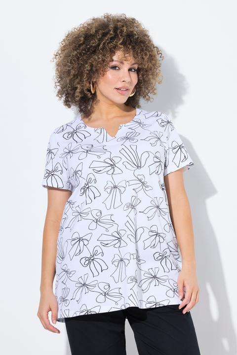 Actual product image Ulla Popken Bow Print Split Neck Short Sleeve Tee (62)