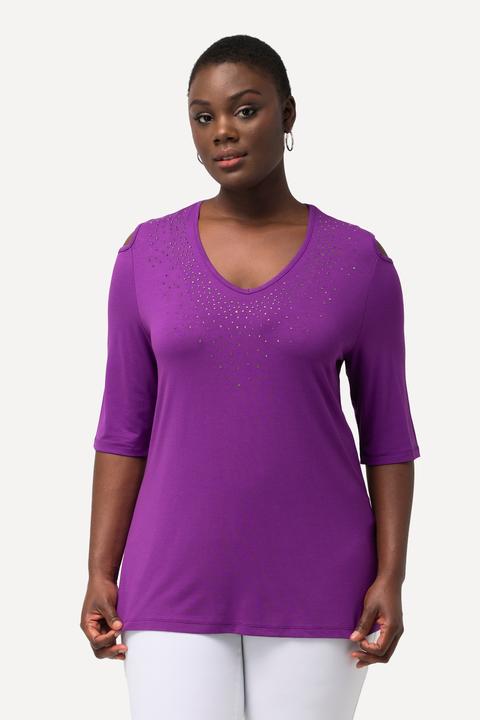 Actual product image Ulla Popken Rhinestone Detail 3/4 Sleeve Tee (50, 52)