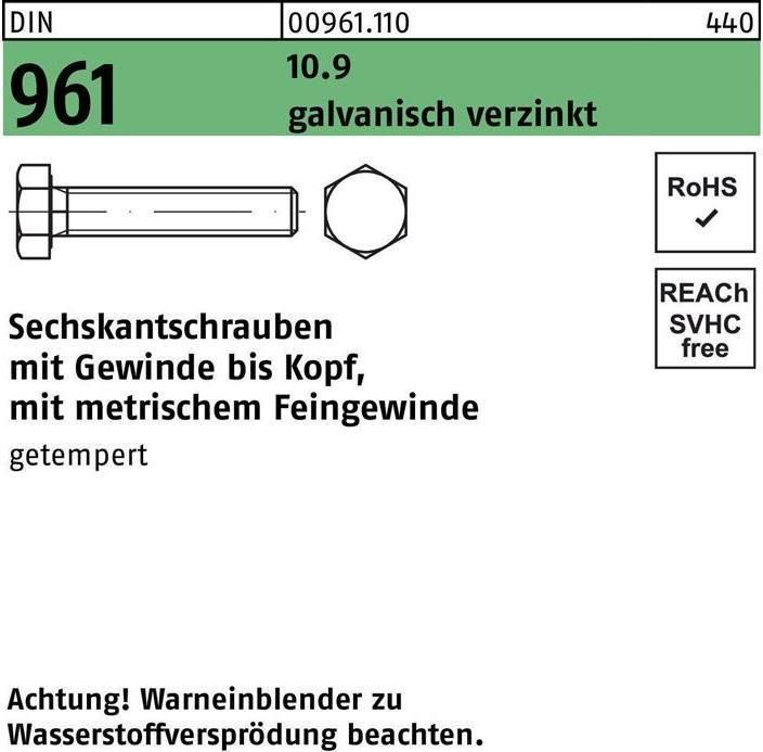 Produktbild Sechskantschraube DIN 961 VG M 10 x1 x 45 10.9 galvanisch verzinkt (100 Schrauben pro Stück)
