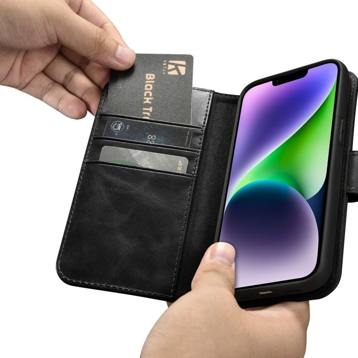 Produktbild iCarer oil Wax Wallet Case 2 in1 Cover iPhone 14 Plus Anti-RFID Leder Flip Case Schwarz (WMI14220723 (Apple iPhone 14 Plus)