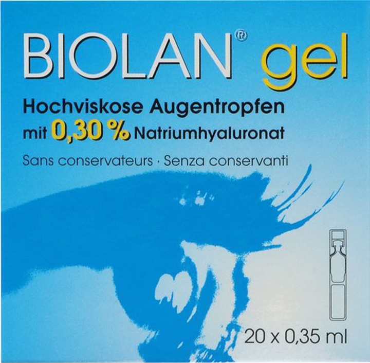 Produktbild Biolan Gel Augentropfen (7 ml, Biolan Augentropfen/Gel mit Natriumhyaluronat 0.3% zur verbesserten Befeuchtung, Linderung und Pflege trockener Augen)