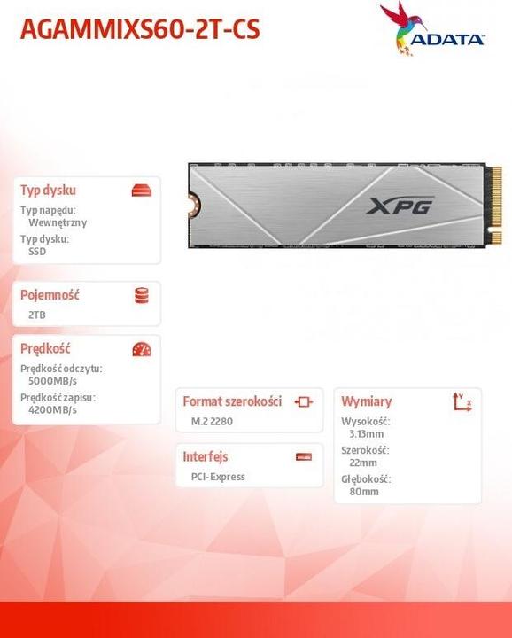 Image du produit Adata XPG GAMMIX S60 BLADE 2 TB (PCIe 4.0 x4, NVMe, M.2 2280) (2000 Go, M.2 2280)