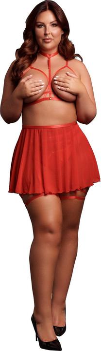 Produktbild Le Désir 4 Piece Set with Bra, Panty, Double Strap Garter Belt and Peek-A-Boo Mesh Skirt - Plus Size - Red (3XL)