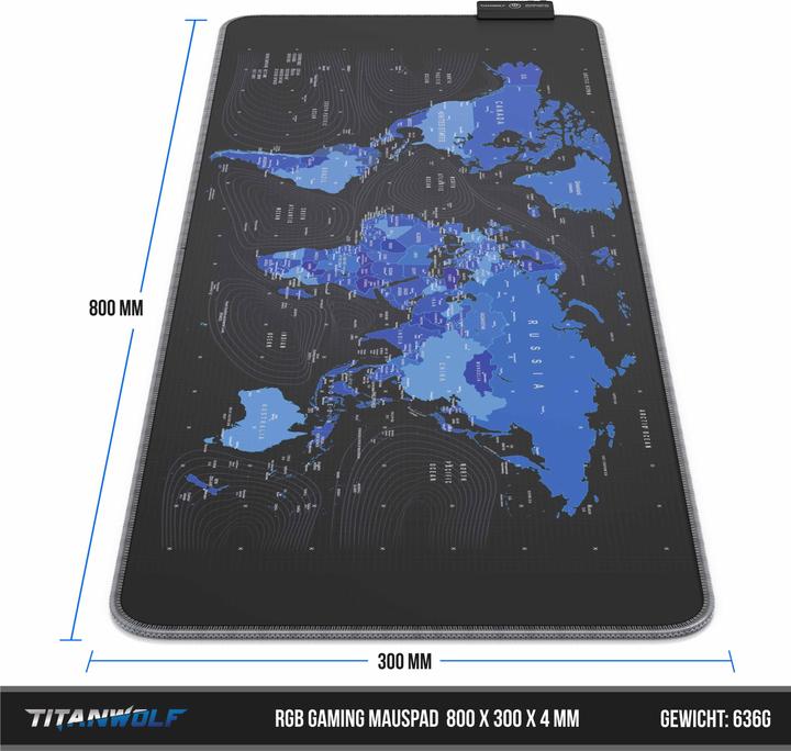 Produktbild Titanwolf RGB Gaming Mauspad, Mausmatte XL 800 x 300mm verbessert Präzision & Geschwindigkeit, Weltkarte blau (XL)