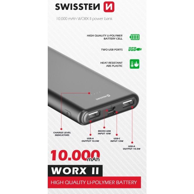 Thumbnail - Swissten 10000mAh Worx II Powerbank (10000 mAh, 10.50 W, 37 Wh), Powerbank, Schwarz