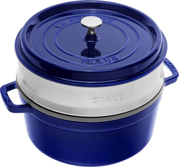 Staub Cocotte with steamer insert (26 cm, Casserole + Stewpot, Cast iron, Enamel, Stainless steel)