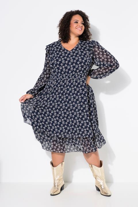 Produktbild Ulla Popken Kleid, doppellagig, V-Ausschnitt, Rüsche, Langarm (62)