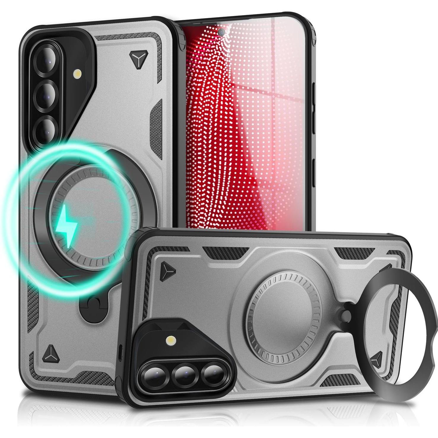 Nalia Stormguard - Stabile Panzer Hülle mit MagSafe & 360-Grad Ringhalter - Military Cover (Samsung Galaxy A56), Cover smartphone, Argento