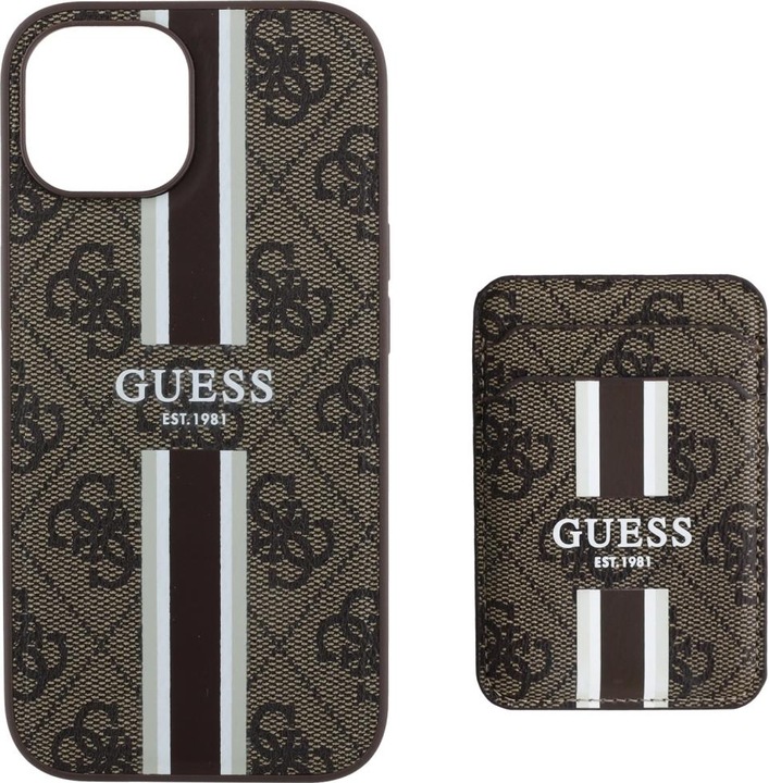 Actual product image Guess 4G Stripes case with Magsafe wallet for iPhone 15 brown (Apple iPhone 15)
